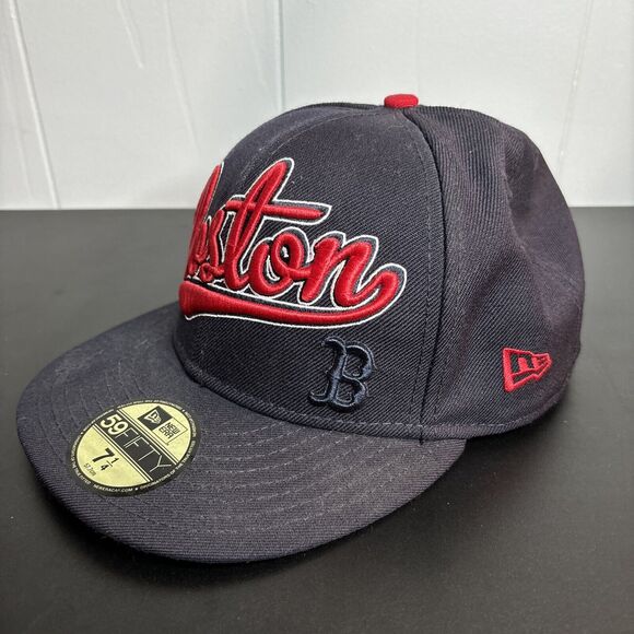 Boston Red Sox Script Baseball MLB New Era 59Fifty Fitted Hat Size 7 1/4 Wool - Picture 2 of 11